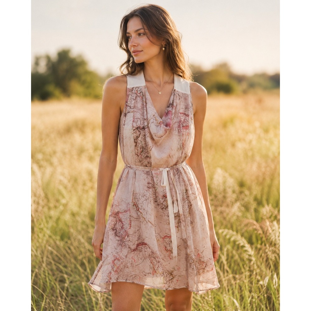 Kersh Womens Map Print Sleeveless Drape Neck Dress Beige Pink Size Medium NWT
